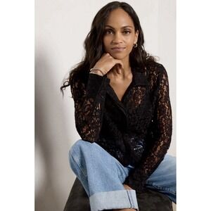 Evereve Jacket Size Small Black Eyelet Lace Button Front Nylon Cotton